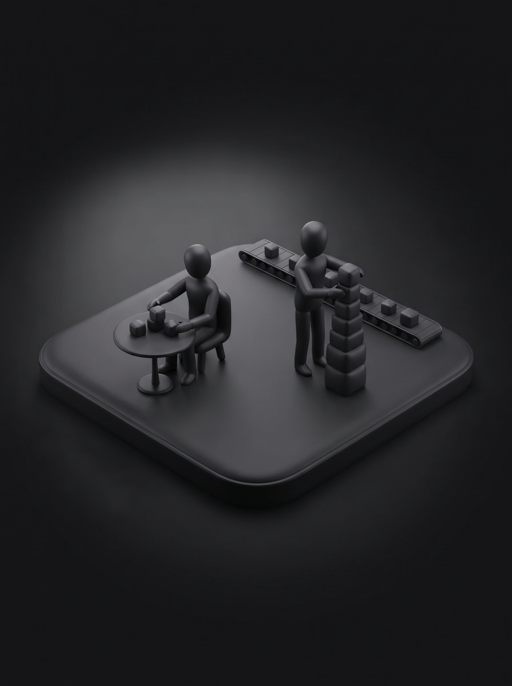 The team: two faceless figures working side by side on a shared platform. One sits at a table arranging blocks, the other builds a tower, and a conveyor belt carries cubes past on its own.